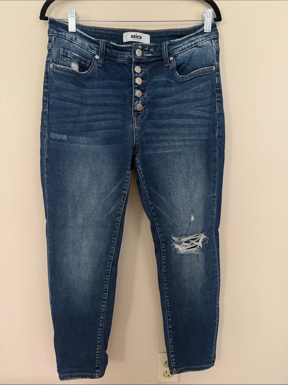 Mica Dark Blue Distressed Button-Fly Ankle Jeans